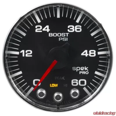 AutoMeter GAUGE; BOOST; 2 1/16in.; 60PSI; STEPPER MOTOR W/PEAK/WARN; BLK/CHRM; SPEK-PRO - P304318