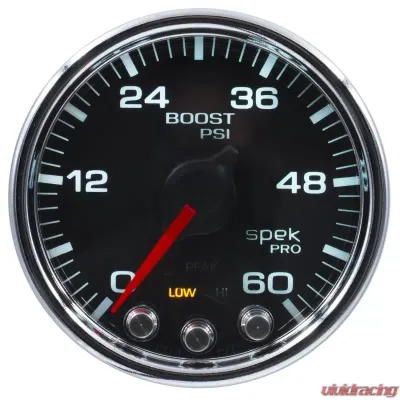 AutoMeter GAUGE; BOOST; 2 1/16in.; 60PSI; STEPPER MOTOR W/PEAK/WARN; BLK/CHRM; SPEK-PRO - P30431