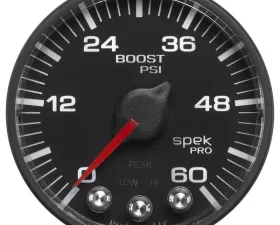 AutoMeter GAUGE; BOOST; 2 1/16in.; 60PSI; STEPPER MOTOR W/PEAK/WARN; BLK/BLACK; SPEK-PRO
