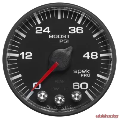 AutoMeter GAUGE; BOOST; 2 1/16in.; 60PSI; STEPPER MOTOR W/PEAK/WARN; BLK/BLACK; SPEK-PRO - P304328