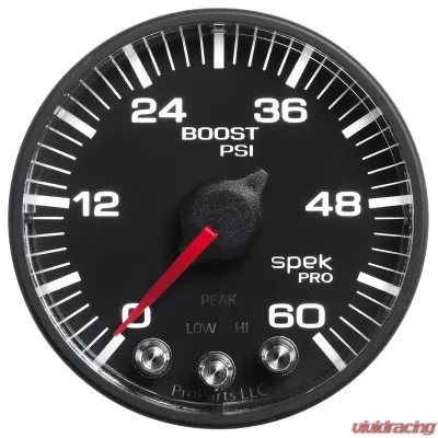 AutoMeter GAUGE; BOOST; 2 1/16in.; 60PSI; STEPPER MOTOR W/PEAK/WARN; BLK/BLACK; SPEK-PRO - P304328
