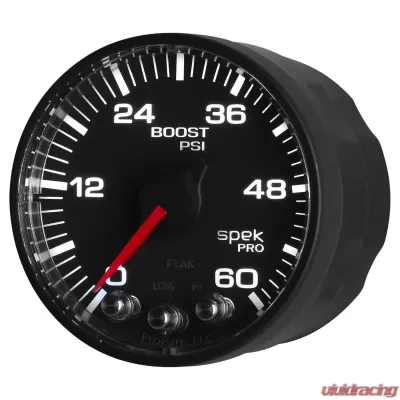 AutoMeter GAUGE; BOOST; 2 1/16in.; 60PSI; STEPPER MOTOR W/PEAK/WARN; BLK/BLACK; SPEK-PRO - P304328