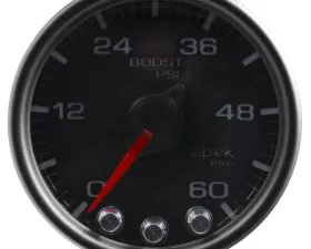AutoMeter GAUGE; BOOST; 2 1/16in.; 60PSI; STEPPER MOTOR W/PEAK/WARN; BLK/BLACK; SPEK-PRO