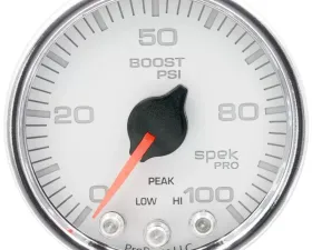 AutoMeter GAUGE; BOOST; 2 1/16in.; 100PSI; STEPPER MOTOR W/PEAK/WARN; WHT/CHRM; SPEK-PRO