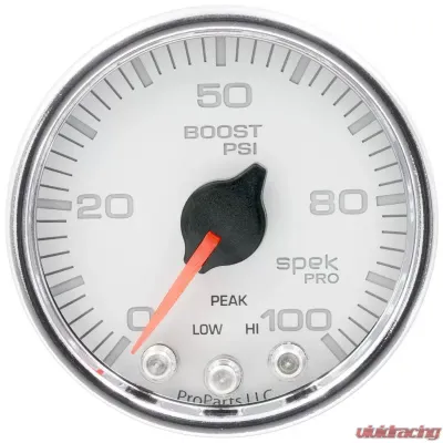 AutoMeter GAUGE; BOOST; 2 1/16in.; 100PSI; STEPPER MOTOR W/PEAK/WARN; WHT/CHRM; SPEK-PRO - P30511