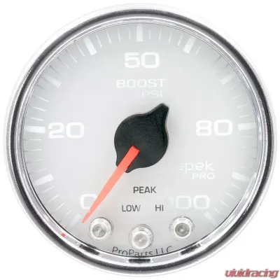AutoMeter GAUGE; BOOST; 2 1/16in.; 100PSI; STEPPER MOTOR W/PEAK/WARN; WHT/CHRM; SPEK-PRO - P30511