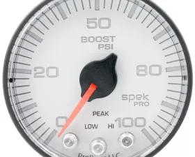 AutoMeter GAUGE; BOOST; 2 1/16in.; 100PSI; STEPPER MOTOR W/PEAK/WARN; WHT/BLK; SPEK-PRO
