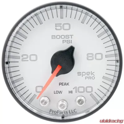 AutoMeter GAUGE; BOOST; 2 1/16in.; 100PSI; STEPPER MOTOR W/PEAK/WARN; WHT/BLK; SPEK-PRO - P305128