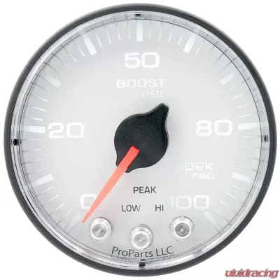 AutoMeter GAUGE; BOOST; 2 1/16in.; 100PSI; STEPPER MOTOR W/PEAK/WARN; WHT/BLK; SPEK-PRO - P305128