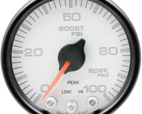 AutoMeter GAUGE; BOOST; 2 1/16in.; 100PSI; STEPPER MOTOR W/PEAK/WARN; WHT/BLK; SPEK-PRO