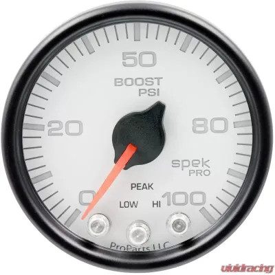 AutoMeter GAUGE; BOOST; 2 1/16in.; 100PSI; STEPPER MOTOR W/PEAK/WARN; WHT/BLK; SPEK-PRO - P30512