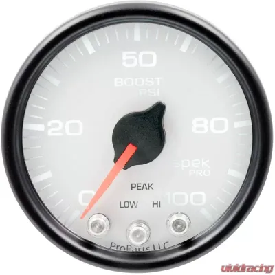 AutoMeter GAUGE; BOOST; 2 1/16in.; 100PSI; STEPPER MOTOR W/PEAK/WARN; WHT/BLK; SPEK-PRO - P30512