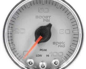 AutoMeter GAUGE; BOOST; 2 1/16in.; 100PSI; STEPPER MOTOR W/PEAK/WARN; SLVR/CHRM; SPEK-PRO