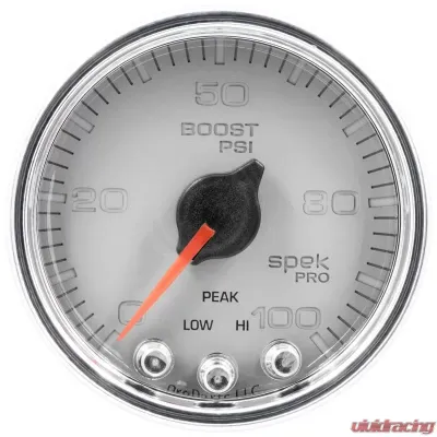 AutoMeter GAUGE; BOOST; 2 1/16in.; 100PSI; STEPPER MOTOR W/PEAK/WARN; SLVR/CHRM; SPEK-PRO - P30521