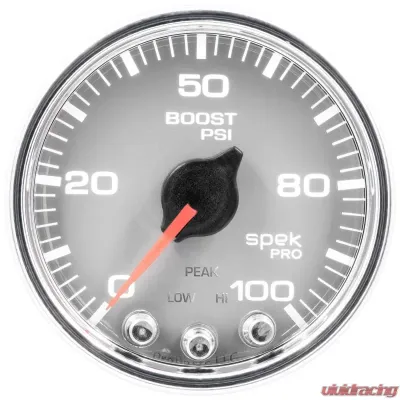 AutoMeter GAUGE; BOOST; 2 1/16in.; 100PSI; STEPPER MOTOR W/PEAK/WARN; SLVR/CHRM; SPEK-PRO - P30521