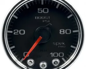 AutoMeter GAUGE; BOOST; 2 1/16in.; 100PSI; STEPPER MOTOR W/PEAK/WARN; BLK/CHRM; SPEK-PRO