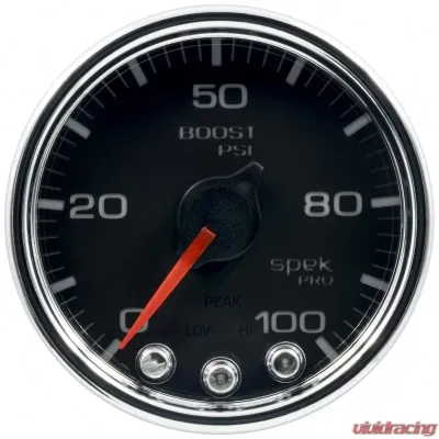 AutoMeter GAUGE; BOOST; 2 1/16in.; 100PSI; STEPPER MOTOR W/PEAK/WARN; BLK/CHRM; SPEK-PRO - P30531