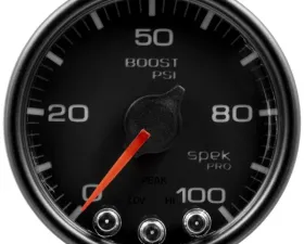 AutoMeter GAUGE; BOOST; 2 1/16in.; 100PSI; STEPPER MOTOR W/PEAK/WARN; BLK/BLK; SPEK-PRO