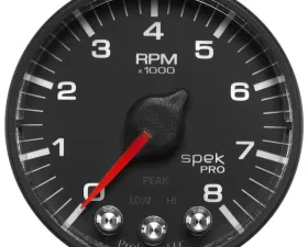 AutoMeter GAUGE; TACH; 2 1/16in.; 8K RPM; W/SHIFT LIGHT/PEAK MEM; BLK/BLK; SPEK-PRO