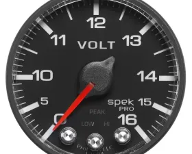AutoMeter GAUGE; VOLTMETER; 2 1/16in.; 16V; STEPPER MOTOR W/PEAK/WARN; BLK/BLK; SPEK-PRO