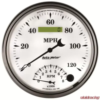 AutoMeter GAUGE; TACH/SPEEDO; 5in.; 120MPH/8K RPM; ELEC. PROGRAM; OLD TYME WHITE II - 1290