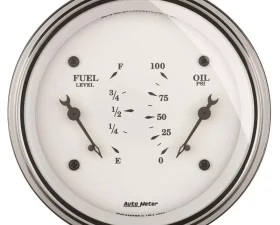 AutoMeter GAUGE; DUAL; FUEL/OILP; 3 3/8in.; 240OE-33OF/100PSI; ELEC; OLD TYME WHT