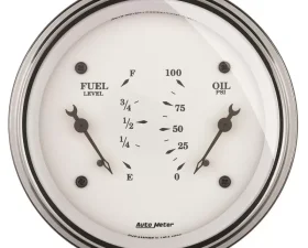 AutoMeter GAUGE; DUAL; FUEL/OILP; 3 3/8in.; 0OE-90OF/100PSI; ELEC; OLD TYME WHITE