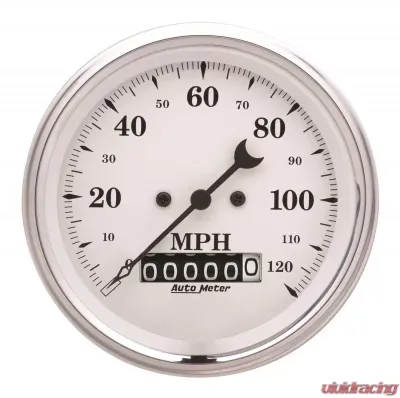 AutoMeter GAUGE; SPEEDO.; 3 3/8in.; 120MPH; ELEC. PROG. W/WHEEL ODO; OLD TYME WHITE - 1679