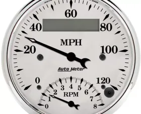 AutoMeter GAUGE; TACH/SPEEDO; 3 3/8in.; 120MPH/8K RPM; ELEC. PROGRAM.; OLD TYME WHT