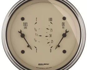 AutoMeter GAUGE; DUAL; FUEL/OILP; 3 3/8in.; 0OE-90OF/100PSI; ELEC; ANTQ BEIGE