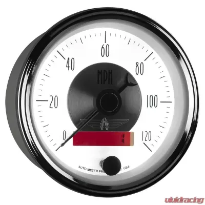 AutoMeter GAUGE; SPEEDO; 3 3/8in.; 120MPH; ELEC. PROGRAM W/LCD ODO; PRESTIGE PEARL - 2084