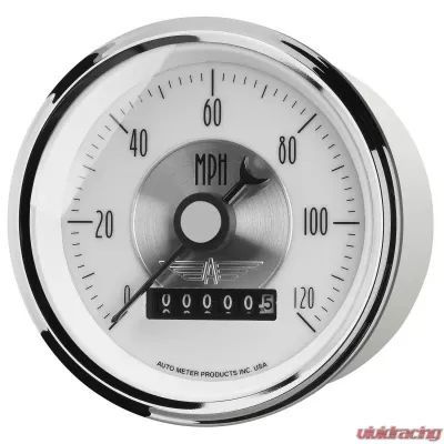 AutoMeter GAUGE; SPEEDO; 3 3/8in.; 120MPH; ELEC. PROGRAM W/WHEEL ODO; PRESTIGE PEARL - 2085