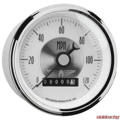 AutoMeter GAUGE; SPEEDO; 3 3/8in.; 120MPH; ELEC. PROGRAM W/WHEEL ODO; PRESTIGE PEARL - 2085
