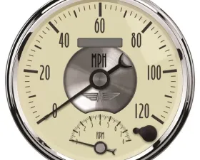 AutoMeter GAUGE; TACH/SPEEDO; 5in.; 120MPH/8K RPM; ELEC. PROGRAM.; PRESTIGE ANTQ. IVORY