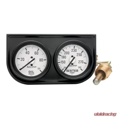 AutoMeter GAUGE CONSOLE; OILP/WTMP; 2in.; 100PSI/280deg.F; WHT DIAL; BLK BZL; AUTOGAGE - 2326