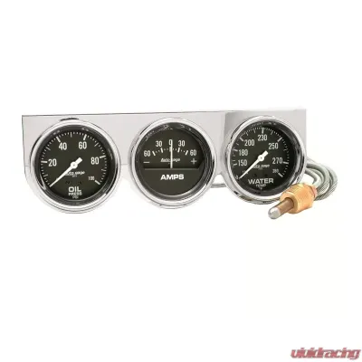 AutoMeter GAUGE CONSOLE; OILP/WTMP/AMP; 2 5/8in.; 100PSI/280deg.F/60A; BLK DIAL; CHROME BZ - 2395