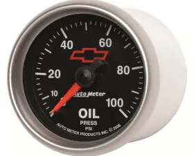 AutoMeter GAUGE; OIL PRESSURE; 2 1/16in.; 100PSI; MECHANICAL; CHEVY RED BOWTIE; BLACK