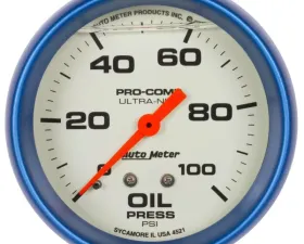 AutoMeter GAUGE; OIL PRESS; 2 5/8in.; 100PSI; LIQUID FILLED MECH; GLOW IN DARK; ULTRA-NITE