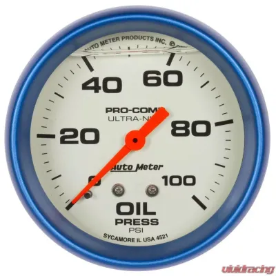 AutoMeter GAUGE; OIL PRESS; 2 5/8in.; 100PSI; LIQUID FILLED MECH; GLOW IN DARK; ULTRA-NITE - 4221