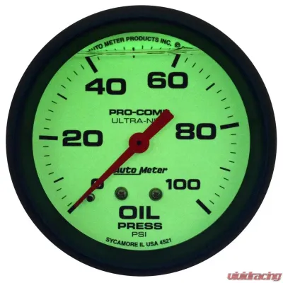 AutoMeter GAUGE; OIL PRESS; 2 5/8in.; 100PSI; LIQUID FILLED MECH; GLOW IN DARK; ULTRA-NITE - 4221