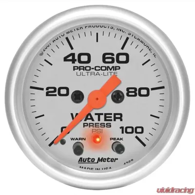 AutoMeter GAUGE; WATER PRESS; 2 1/16in.; 100PSI; STEPPER MOTOR W/PEAK/WARN; ULTRA-LITE - 4368