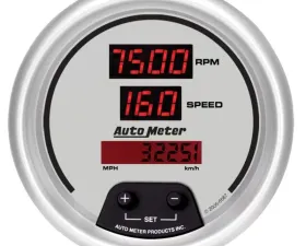 AutoMeter GAUGE; TACH/SPEED; 3 3/8in.; 260MPH/260KMH/10KRPM; ELEC PRGRM; DIG; SLVR W/RD LE