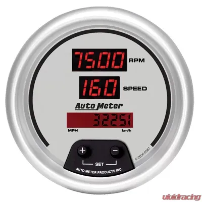 AutoMeter GAUGE; TACH/SPEED; 3 3/8in.; 260MPH/260KMH/10KRPM; ELEC PRGRM; DIG; SLVR W/RD LE - 6587