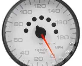AutoMeter GAUGE; SPEEDOMETER; 5in.; 180 MPH; ELEC. PROGRAMMABLE; WHITE/BLACK; SPEK-PRO
