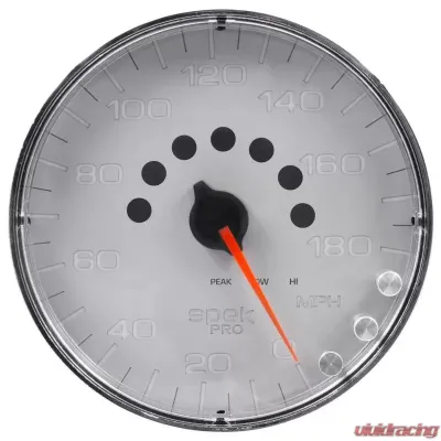 AutoMeter GAUGE; SPEEDOMETER; 5in.; 180 MPH; ELEC. PROGRAMMABLE; SILVER/CHROME; SPEK-PRO - P230218