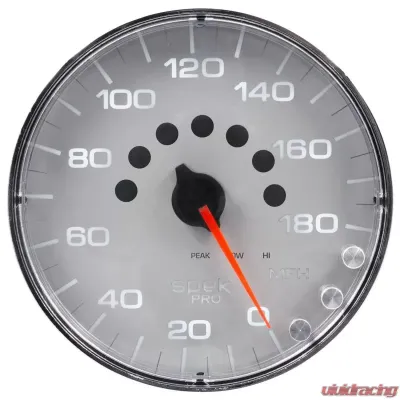 AutoMeter GAUGE; SPEEDOMETER; 5in.; 180 MPH; ELEC. PROGRAMMABLE; SILVER/CHROME; SPEK-PRO - P230218