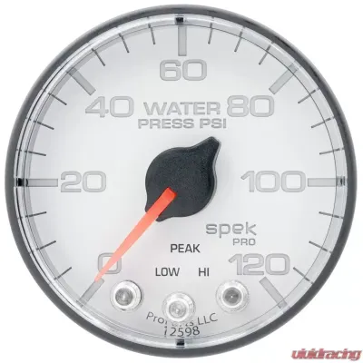 AutoMeter GAUGE; WATER PRESS; 2 1/16in.; 120PSI; STEPPER MOTOR W/PEAK/WARN; WHT/BLK; SPEK - P345128