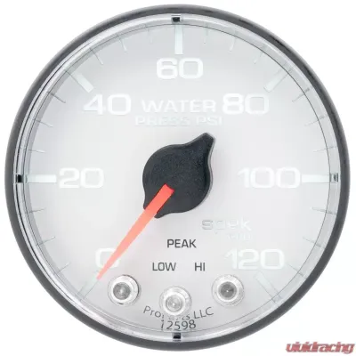 AutoMeter GAUGE; WATER PRESS; 2 1/16in.; 120PSI; STEPPER MOTOR W/PEAK/WARN; WHT/BLK; SPEK - P345128