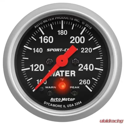 AutoMeter GAUGE; WATER TEMP; 2 1/16in.; 260deg.F; DIGITAL STEPPER MOTOR W/PK/WRN; SPORT-CO - 3354