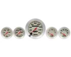 AutoMeter Gauge Set; 3-3/8in. Mech Speedo; 2in. OILP/WTEMP/FUEL/VOLT; Wht; Slvr; 8000 Seri